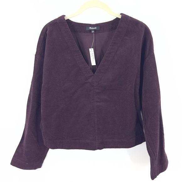Madewell Waffle Knit Relaxed V-Neck Top Womens Size M Black Iris Plum Casual NWT - Picture 10 of 10